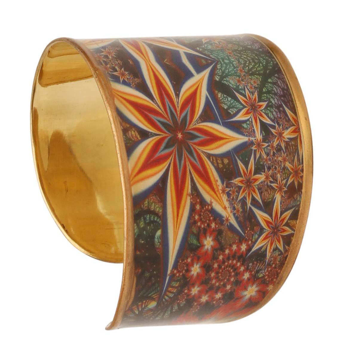 2.6” Golden Brass Cuff Bracelet with Colorful Floral Pattern - Trendy Accessories / Jewelry / Gifts for Her - Buy in Bulk Wholesale
